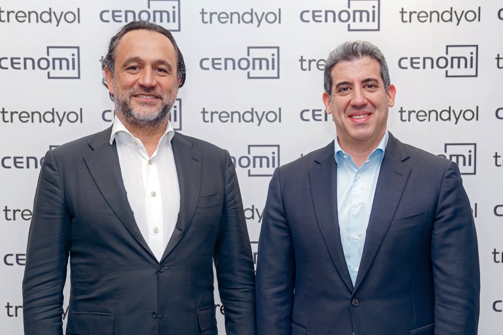 Çağlayan Çetin, the president of Trendyol Group (L), poses next to Mohamad Mourad, CEO of Cenomi Group, Istanbul, Türkiye, Nov. 28, 2023. (IHA Photo)