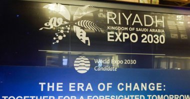 This photograph shows the logo of "Riyadh Expo 2030" at the Palais des Congres in Issy-les-Moulineaux, following the announcement of Saudi Arabia&#039;s Royal Commission for Riyadh City winning the host of the World Expo 2030, the showpiece event held every five years, Paris, France, Nov. 28, 2023. (AFP Photo)