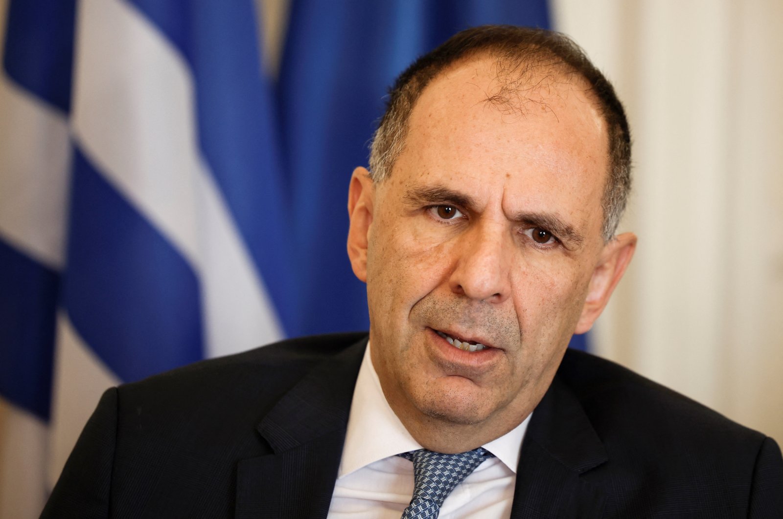 Greek Foreign Minister George Gerapetritis talks during his interview with Reuters, following his visit to Ramallah, in the Israeli-occupied West Bank, Athens, Greece, Nov. 17, 2023. (Reuters Photo)