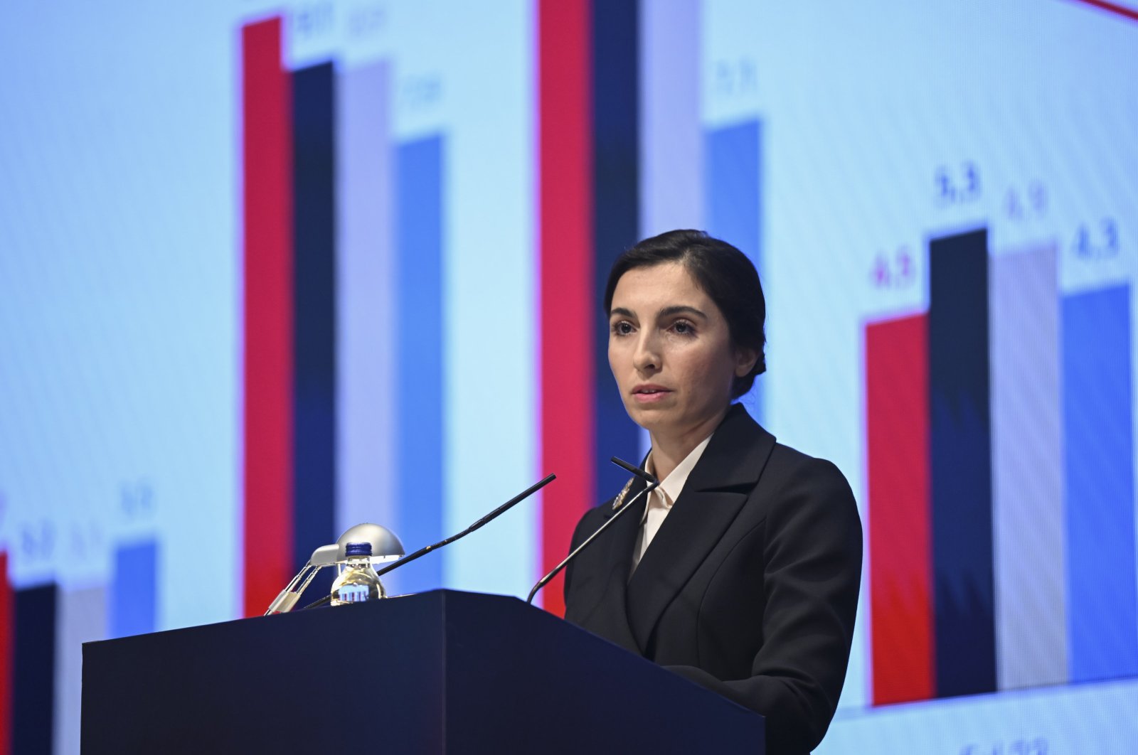 Central Bank of the Republic of Türkiye (CBRT) Governor Hafize Gaye Erkan delivers a speech during a meeting at the Istanbul Chamber of Industry, in Istanbul, Türkiye, Nov. 29, 2023. (AA Photo)