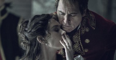 This image released by Apple TV  shows Vanessa Kirby, left, and Joaquin Phoenix in a scene from &quot;Napoleon.&quot; (AP Photo)