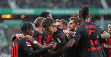 Bayer Leverkusen players celebrate after a goal during the Bundesliga match against Werder Bremen at Wohninvest Weserstadion, Bremen, Germany, Nov. 25, 2023. (Getty Images Photo)