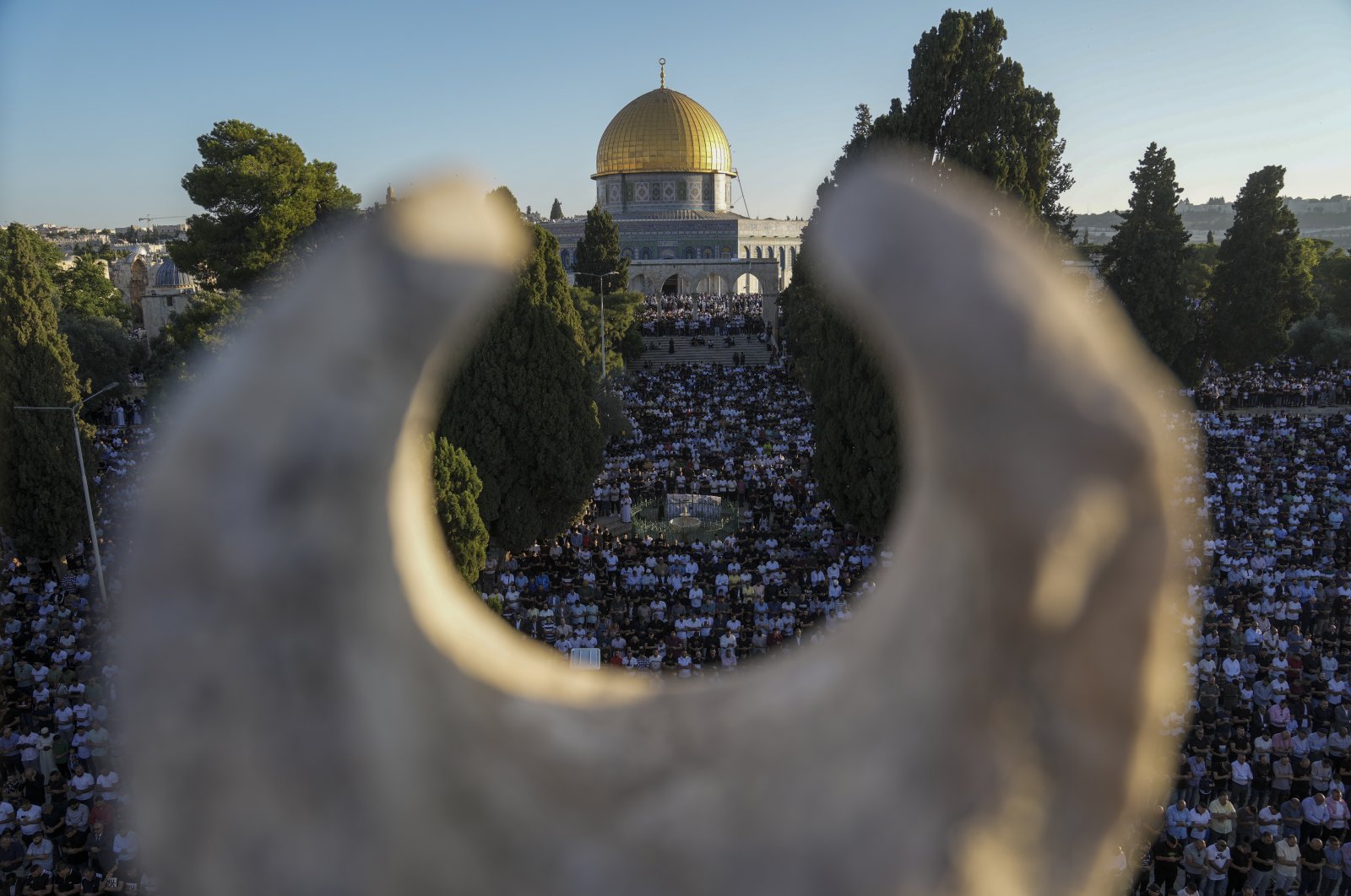 Muslim worshipers offer Eid al-Adha prayers next to the Dome of the Rock shrine at the Al-Aqsa Mosque compound in occupied East Jerusalem&#039;s Old City, Palestine, June 28, 2023. (AP Photo)