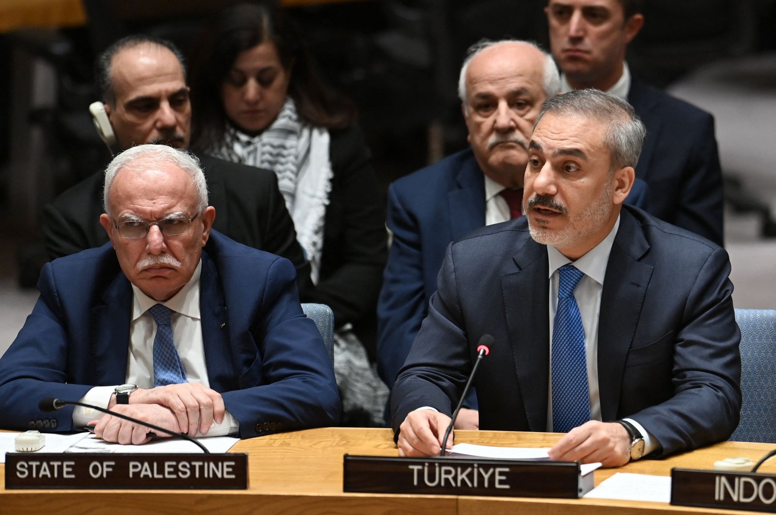 Foreign Minister Hakan Fidan (R) speaks during a U.N. Security Council meeting on the situation in the Middle East, and the Israel-Palestine conflict at the United Nations headquarters in New York City, U.S., Nov. 29, 2023. (AFP Photo)