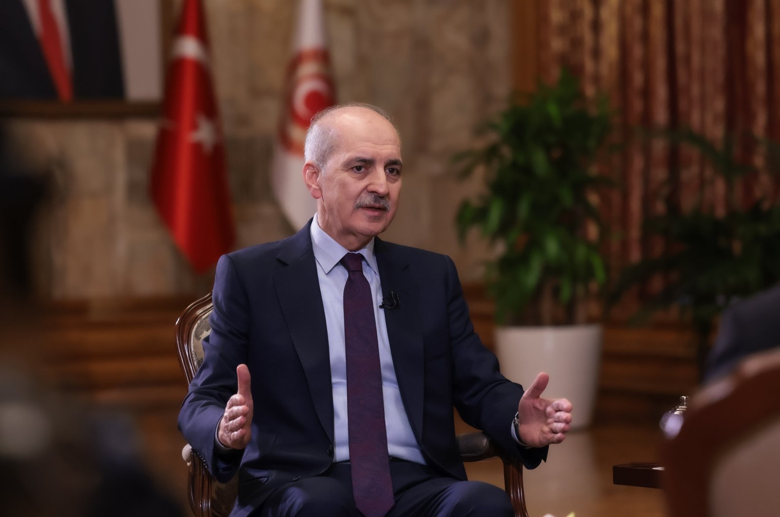 Parliament Speaker Numan Kurtulmuş speaks at an interview with broadcaster NTV, in the capital of Ankara, Türkiye, Nov. 30, 2023. (AA Photo)