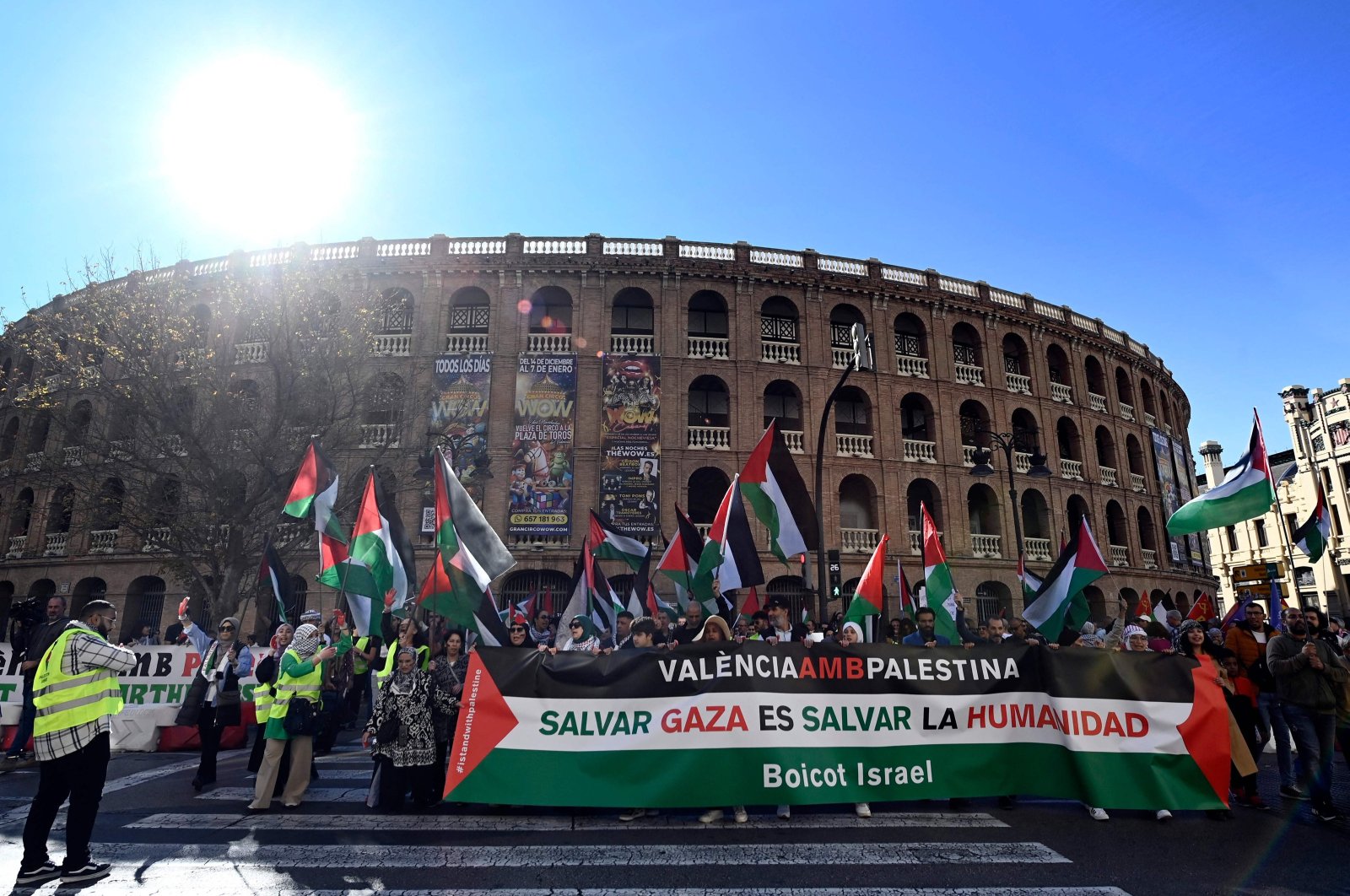 Protesters holding a banner reading &quot;Valencia with Palestine. Saving Gaza is saving Humanity. Boycott of Israel&quot; take part in a demonstration in support of the Palestinian people in Valencia, Spain, Nov. 19, 2023. (AFP Photo)