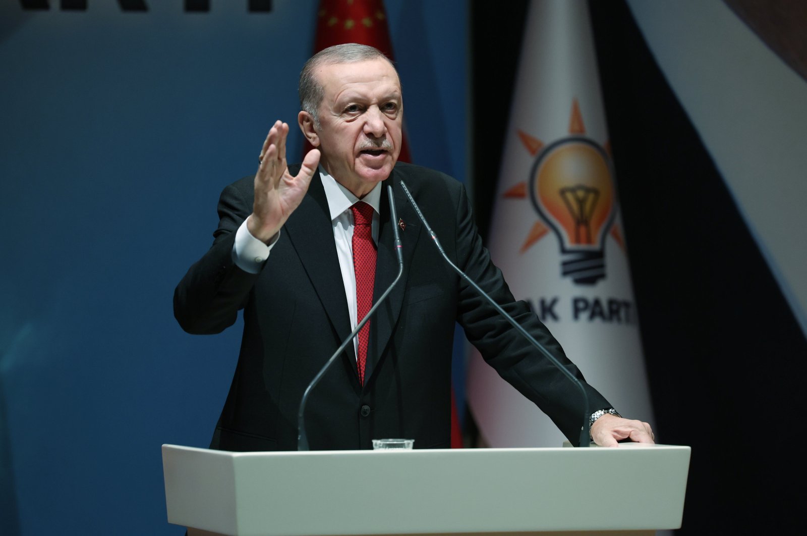 President Erdoğan addresses a meeting of the AK Party before his departure for UAE, in the capital of Ankara, Türkiye, Nov. 30, 2023. (AA Photo)