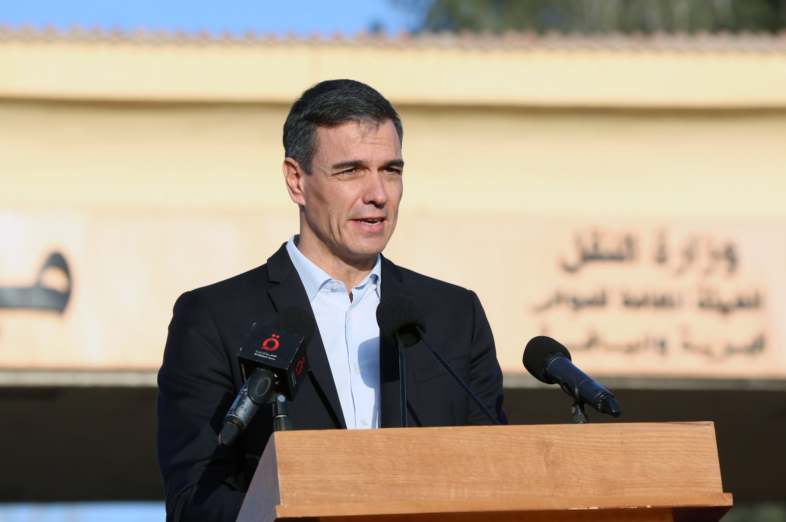 Spanish Prime Minister Pedro Sanchez speaks during a press conference at Rafah border crossing to the Gaza Strip, Egypt, Nov. 24, 2023. (EPA Photo)