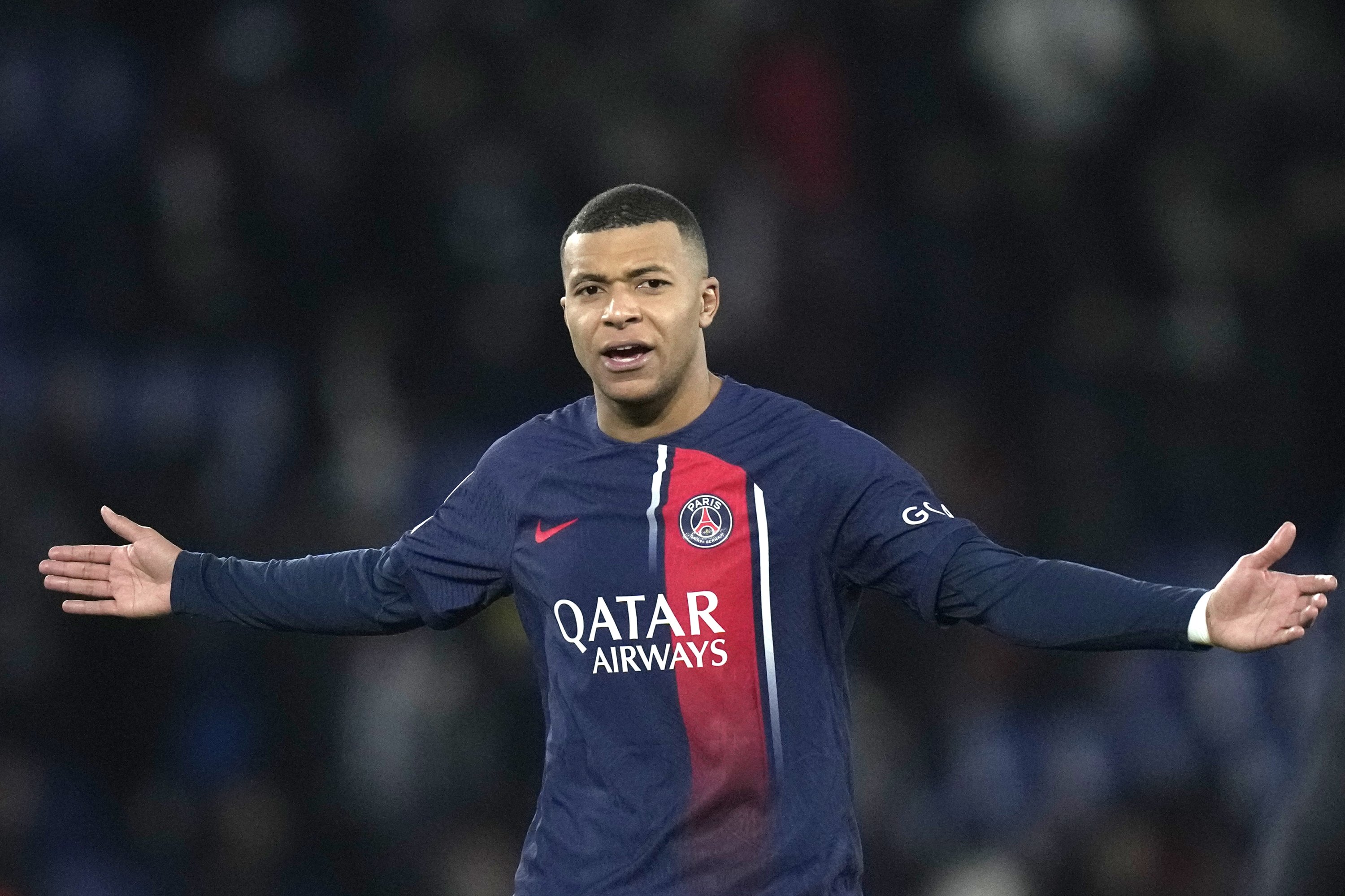 PSG's Kylian Mbappe reacts after the Champions League match between against Newcastle United at the Parc des Princes, Paris, France, Nov. 28, 2023. (AP Photo)