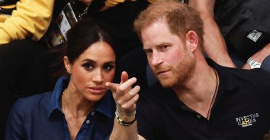 Britain's Prince Harry, Duke of Sussex and his wife Meghan, Duchess of Sussex, attend a volleyball game, Duesseldorf, Germany, Sept. 15, 2023. (Reuters Photo)