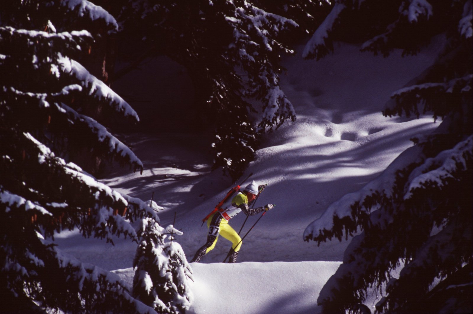 Slovakia&#039;s Saso Grajf makes his way through the trees during the men’s 20km biathlon event at the 1992 Winter Olympics held, Albetville, France, Feb. 20, 1992. (Getty Images Photo)