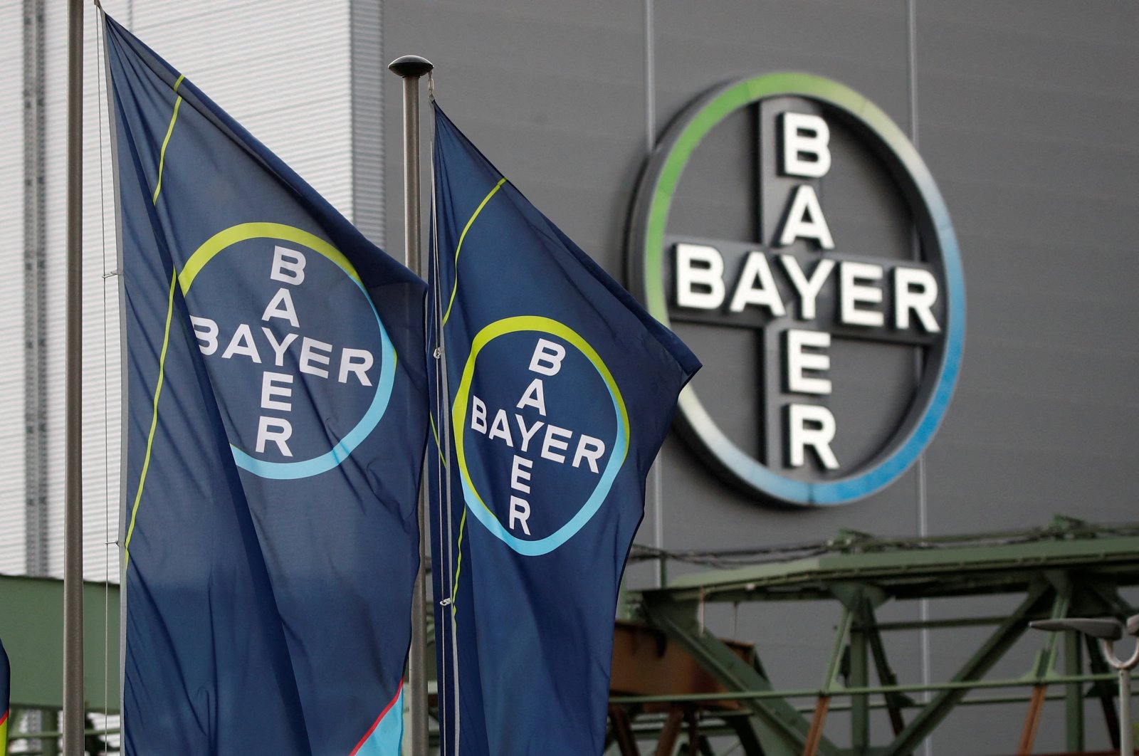 The logo and flags of Bayer AG are pictured outside a plant of the German pharmaceutical and chemical maker in Wuppertal, Germany, Aug. 9, 2019. (Reuters Photo)