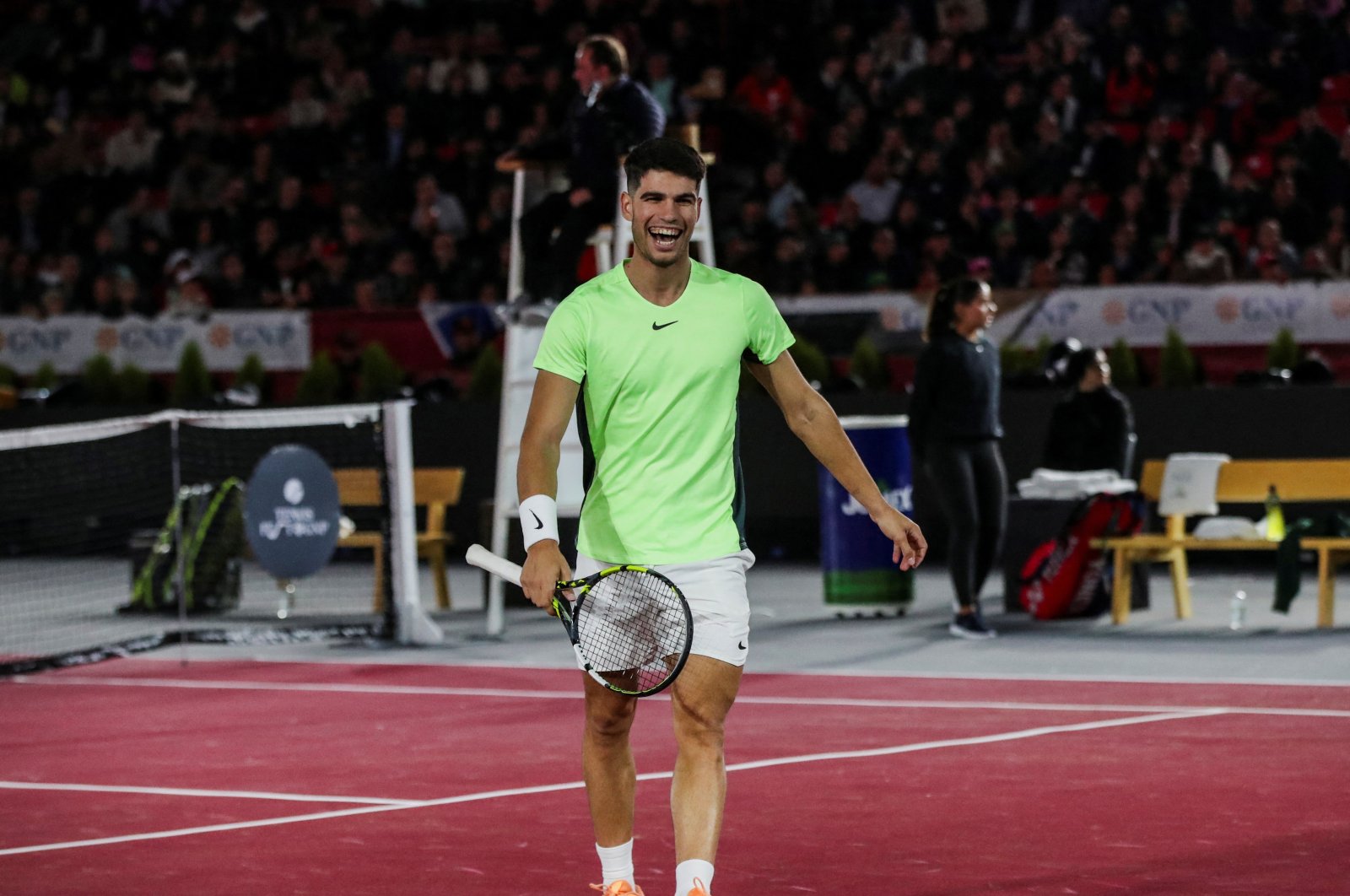 Spain&#039;s Carlos Alcaraz reacts during his exhibition match against Tommy Paul of the U.S., at TennisFest in La Plaza de Toros Mexico, Mexico City, Mexico, Nov. 29, 2023. (Reuters Photo)