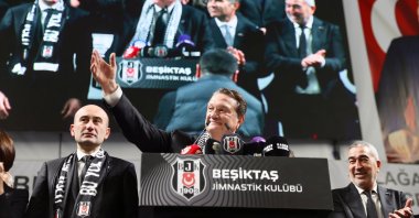 Beşiktaş's new President Hasan Arat delivers a speech after his election at the BJK Sports Complex, Istanbul, Türkiye, Dec. 3, 2023. (AA Photo)