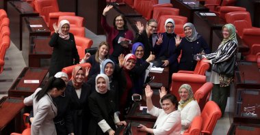 Female members of Parliament from the Justice and Development Party (AK Party) pose after a debate at the assembly, in the capital Ankara, Türkiye, May 20, 2016. (Reuters Photo)