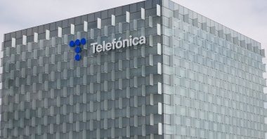 The logo of Spanish telecoms firm Telefonica is seen atop the company's building in Madrid, Spain, Sept. 6, 2023. (Reuters Photo)