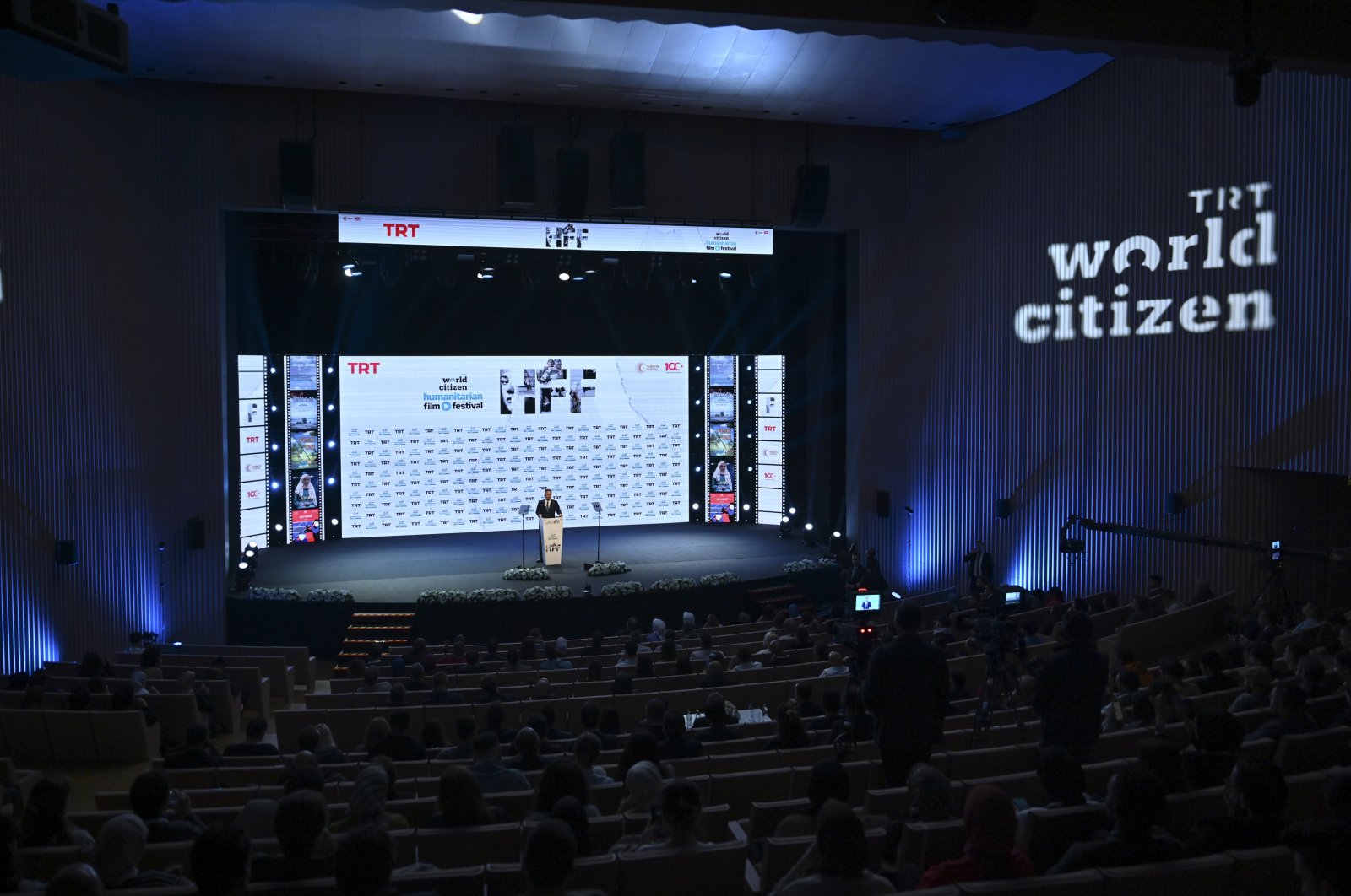 TRT World Citizen Humanitarian Film Festival&#039;s stage at Atatürk Cultural Center, Istanbul, Türkiye. Nov. 4, 2023. (AA Photo)