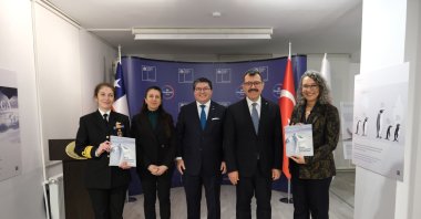 Ambassador Rodrigo Arcos (C) and the TÜBITAK President professor Hasan Mandal pose alongside other prominent guests during the opening of the exhibition, Ankara, Türkiye, Dec. 1, 2023. (Photo courtesy of the Embassy of Chile in Ankara)