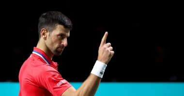 Novak Djokovic reacts during the semifinal match against Italy in the Davis Cup Final at Palacio de Deportes Jose Maria Martin Carpena, Malaga, Spain, Nov. 25, 2023. (Getty Images Photo)