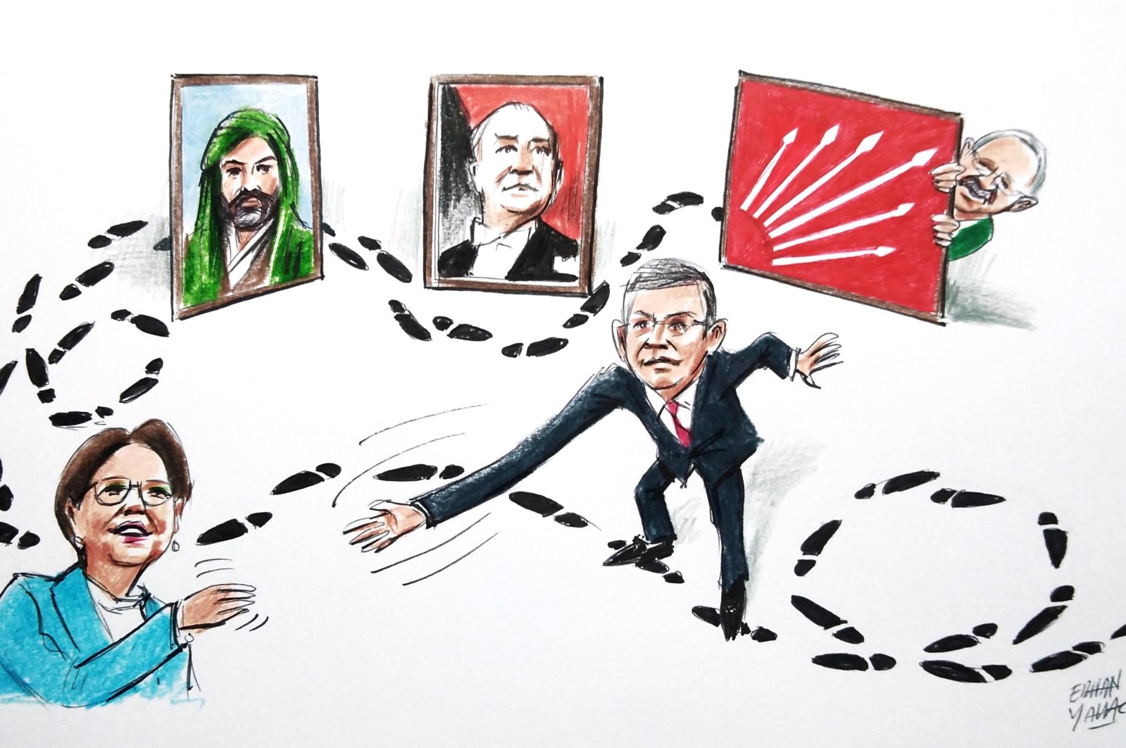 &quot;Within the context of party politics, Republican People&#039;s Party (CHP) Chair Özgür Özel follows in his predecessor Kemal Kılıçdaroğlu’s footsteps and reaches out to the Peoples’ Democratic Party (HDP) and the Good Party (IP) before others because those two parties remain the most important counterparts.&quot; (Illustration by Erhan Yalvaç)