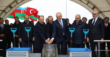 Officials attend the groundbreaking ceremony of a pharmaceutical production facility near Baku, Azerbaijan, Dec. 7, 2023. (AA Photo)