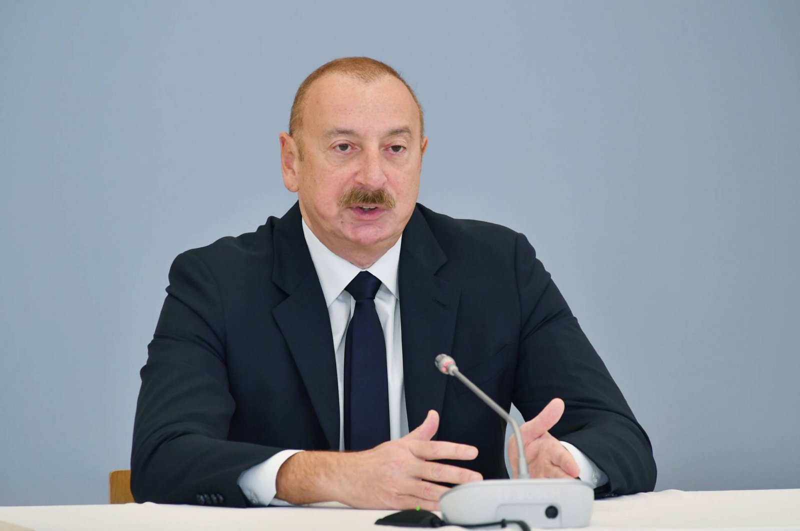 Azerbaijani President Ilham Aliyev speaks at an event on the Karabakh struggle at a university in the capital Baku, Azerbaijan, Dec. 6, 2023. (AA Photo)