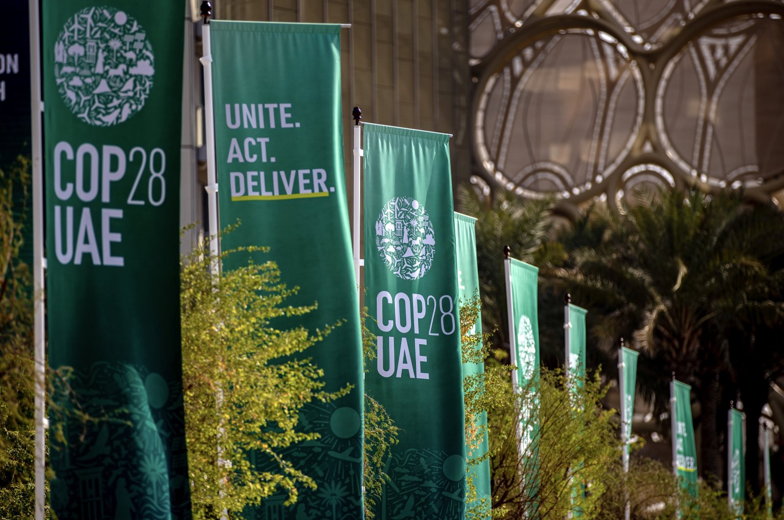 Banners with the COP28 logo stand at Expo City Dubai, the venue of the 2023 United Nations Climate Change Conference (COP28), in Dubai, United Arab Emirates, Dec. 5, 2023. (EPA Photo)