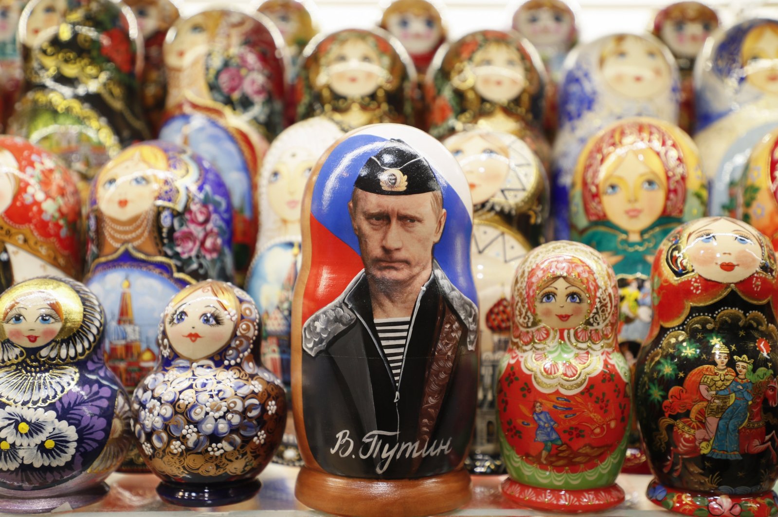 A traditional Russian Matryoshka doll with portrait of Russian President Vladimir Putin on display at a gift shop in Moscow, Russia, Dec. 7, 2023. (EPA Photo)