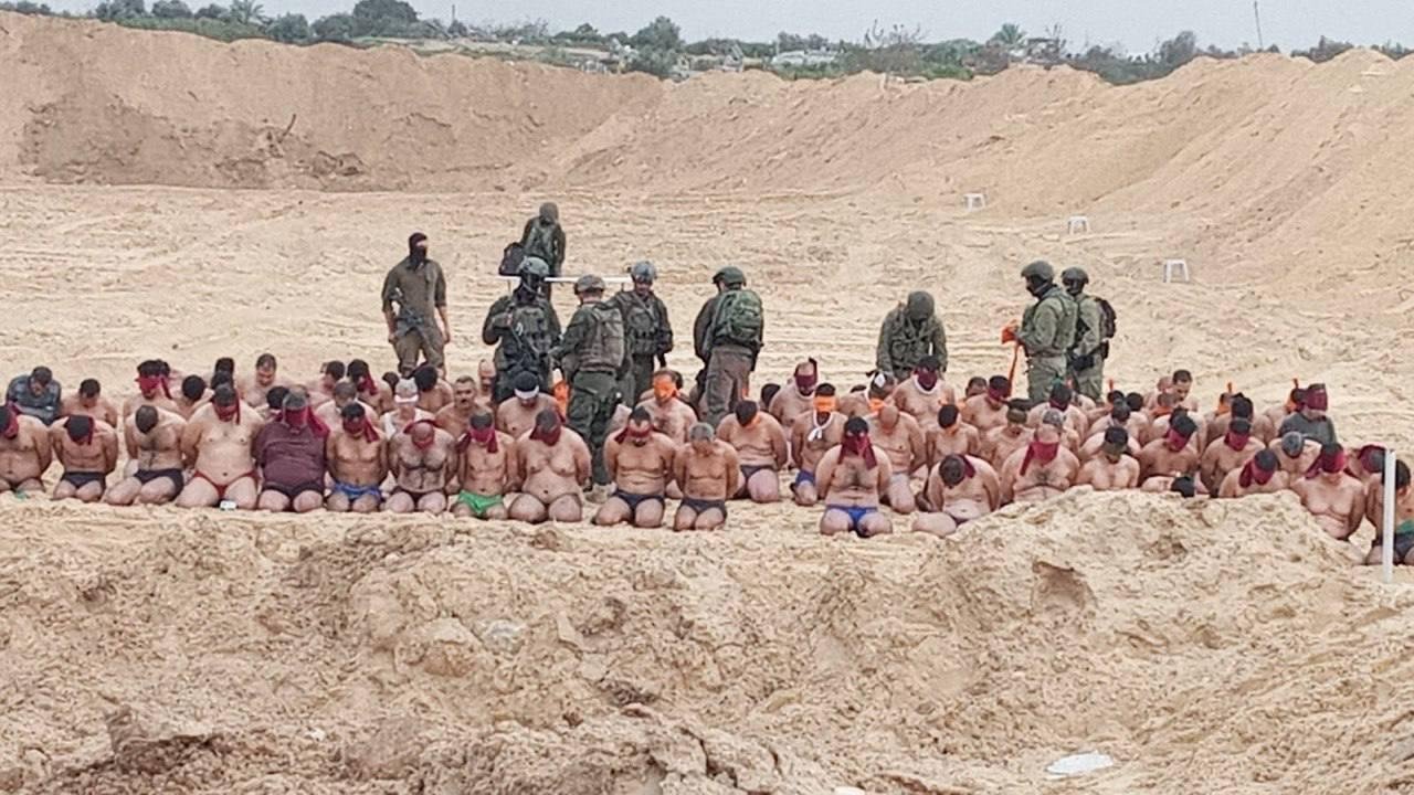 Footage images from Gaza shows Israeli troops detaining dozens of Palestinian men and subjecting them to abuse. (Emanuel (Mannie) Fabian on X)