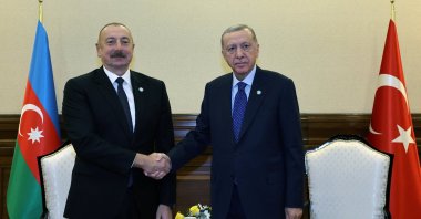 Turkish President Tayyip Erdoğan (R) meets with Azerbaijani President Ilham Aliyev during the Meeting of the Council of Heads of State of the Organization of Turkic States, in Astana, Kazakhstan Nov. 3, 2023. (Reuters Photo)