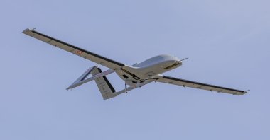 Türkiye&#039;s Bayraktar TB3 combat drone is seen in the air during a test flight, undisclosed location, Nov. 10, 2023. (AA Photo)