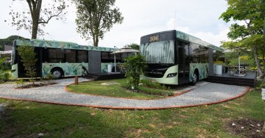 The resort hotel "The Bus Collective" comprises 20 discarded buses that have been converted into luxury suites, Changi Village, Singapore, Nov. 5, 2023. (dpa Photo)