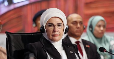 First lady Emine Erdoğan attends a gathering of first ladies for Palestine, in Istanbul, Türkiye, Nov.15, 2023. (İHA Photo)