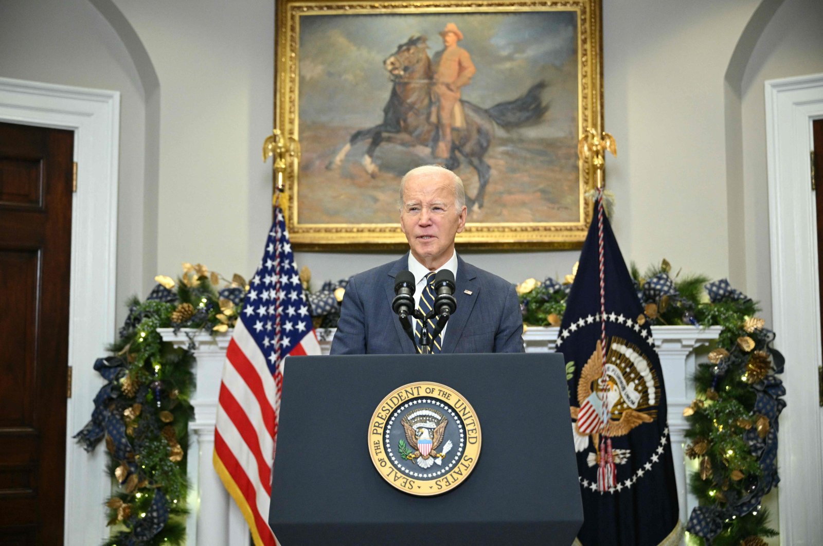 U.S. President Joe Biden makes a speech in the Roosevelt Room of the White House in Washington, D.C., U.S., Dec. 6, 2023. (AFP Photo)
