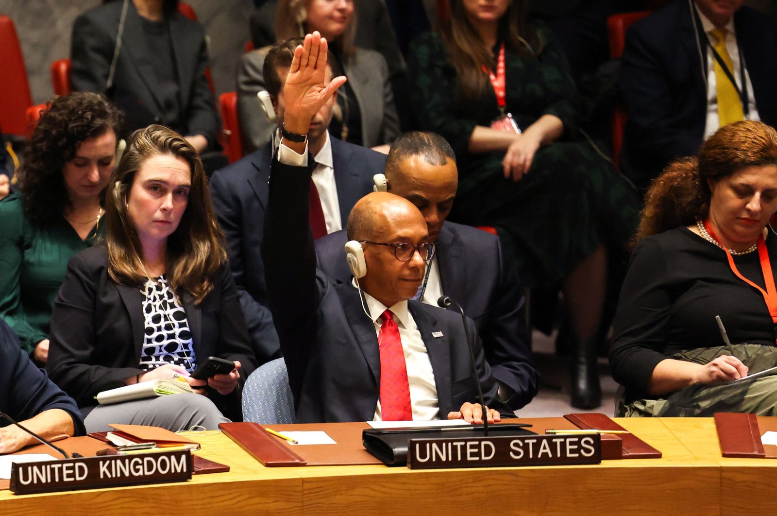 US envoy in UN Robert A. Wood raises his hand for veto during a UN Security Council meeting, in New York, United States, Dec. 8, 2023. (AFP Photo)