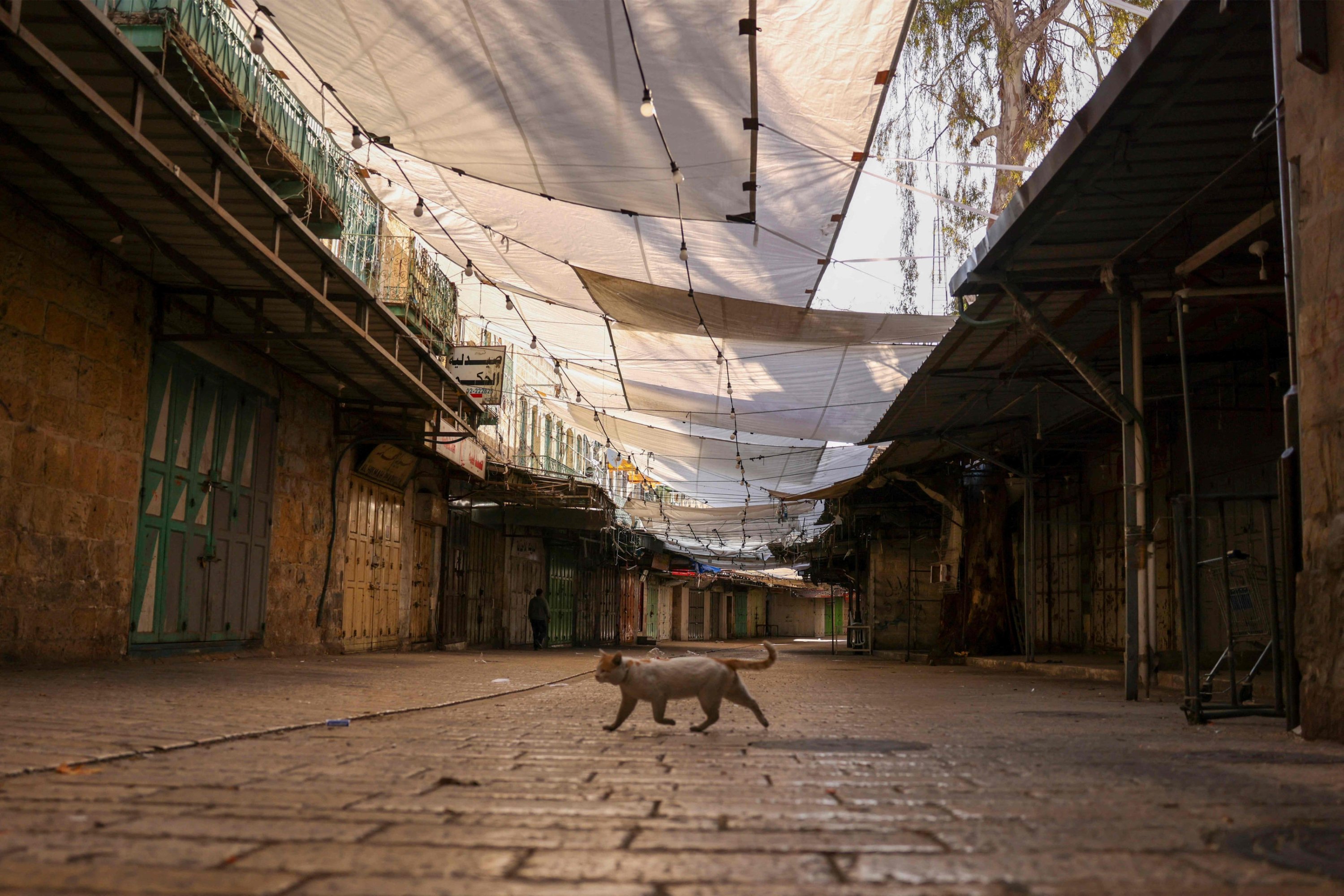 A picture shows shuttered shops during a general strike in solidarity with Gaza, in the occupied West Bank city of Hebron, Palestine, Dec. 11, 2023. (AFP Photo)