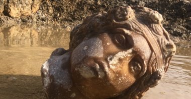 The excavation work carried out at the ancient city of Aizanoi in the Çavdarhisar district of Kütahya revealed the second statue head of Aphrodite, known as the goddess of love and beauty in mythology, and the third statue head of the wine god Dionysus, Kütahya, western Türkiye, Dec. 8, 2023. (AA Photo)