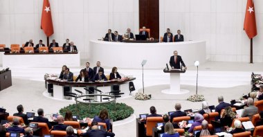 President Recep Tayyip Erdoğan (R) speaks at the opening of the new legislative year of Parliament in Ankara, Türkiye, Oct. 1 2023. (Reuters Photo)
