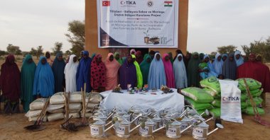 Officials from the Turkish Cooperation and Coordination Agency (TIKA) and locals stand near supplies for establishing a vegetable and Moringa garden, Niger, Dec. 11, 2023. (AA Photo)