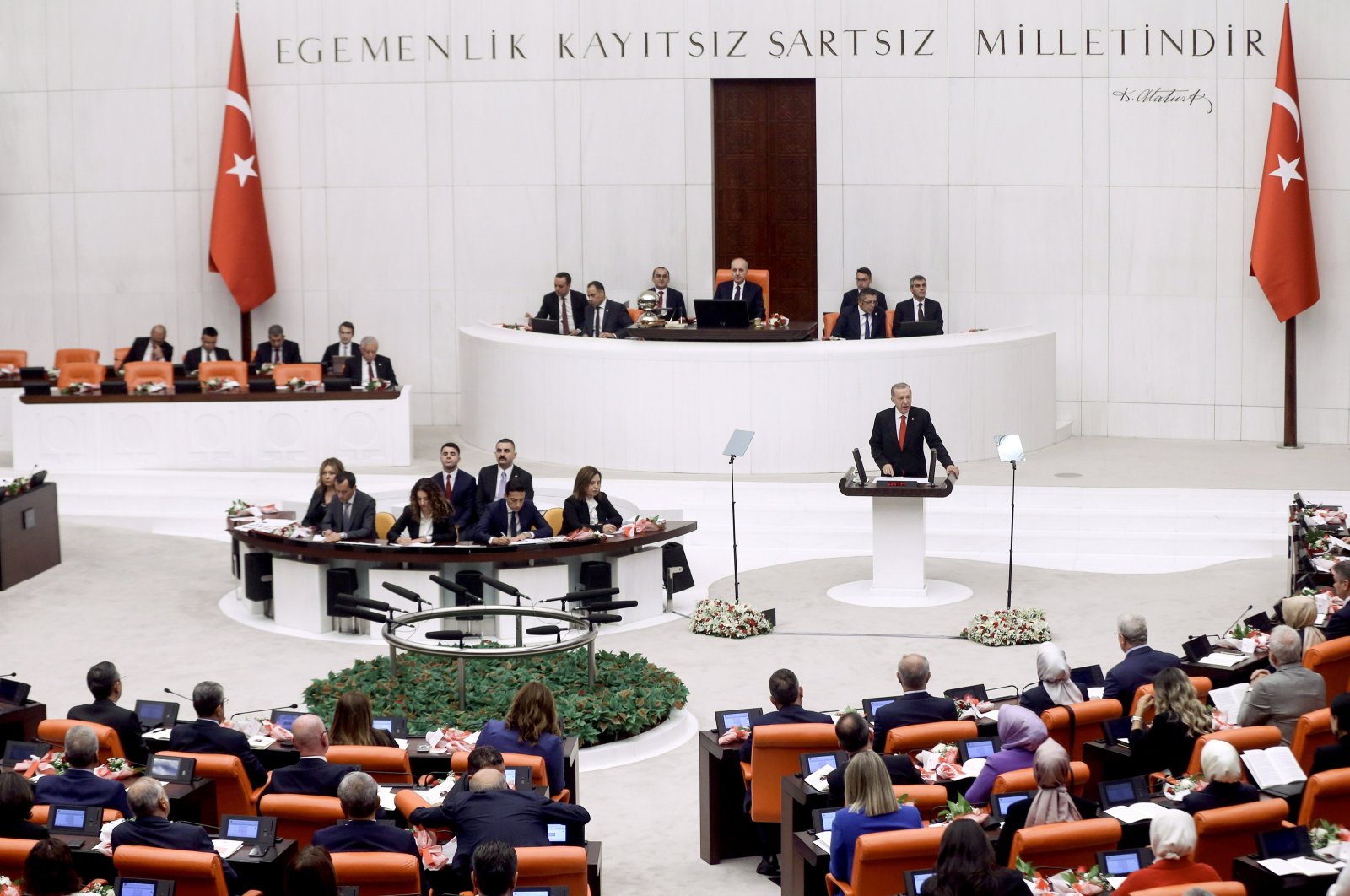 President Recep Tayyip Erdoğan (R) speaks at the opening of the new legislative year of Parliament in Ankara, Türkiye, Oct. 1 2023. (Reuters Photo)