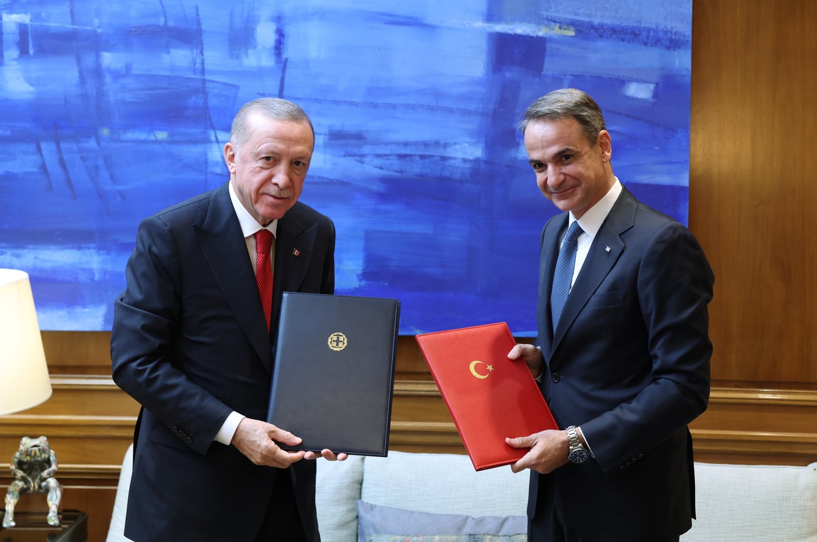 President Recep Tayyip Erdoğan (L) and Greek Prime Minister Kyriakos Mitsotakis during their meeting in Athens, Greece, Dec. 7, 2023. (IHA Photo)