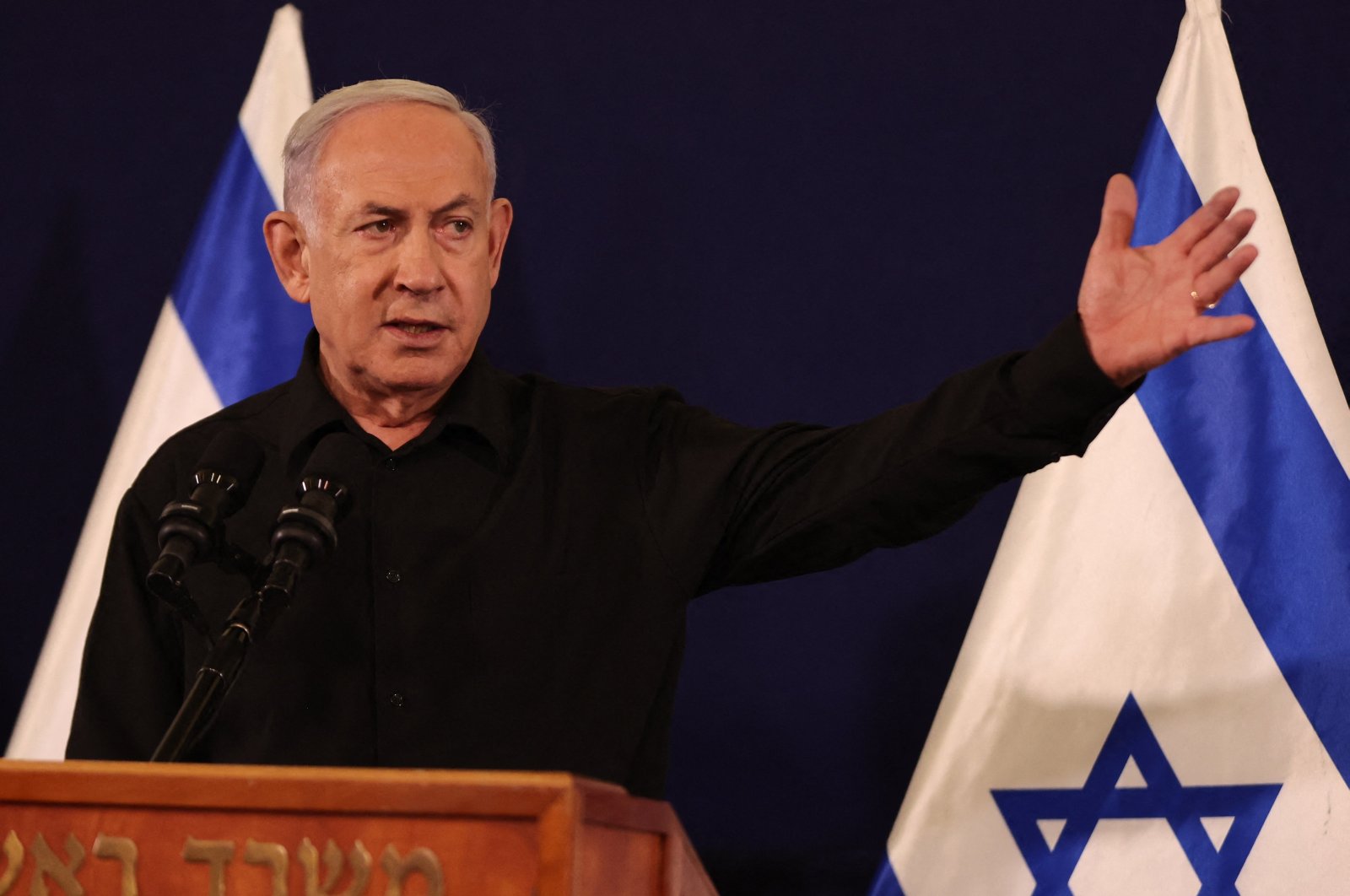 Israeli Prime Minister Benjamin Netanyahu speaks during a press conference in the Kirya military base in Tel Aviv, Israel, Oct. 28, 2023. (AFP Photo)