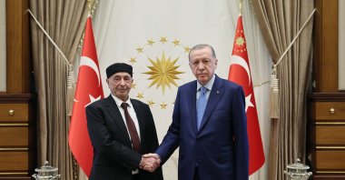 President Erdoğan shakes hands with Aguila Saleh, in the capital Ankara, Türkiye, Dec. 13, 2023. (AA Photo)