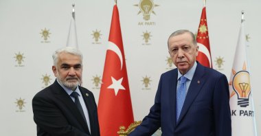 President Recep Tayyip Erdoğan shakes hands with HÜDA-PAR Chair Zekeriya Yapıcıoğlu, in the capital Ankara, Türkiye, December 13, 2023. (IHA Photo)