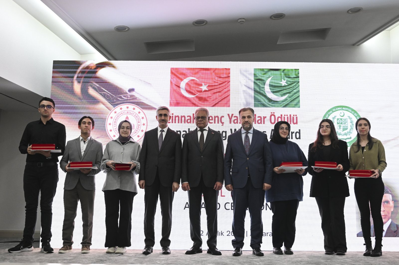 Awards are presented to the winning students by Pakistan&#039;s Ambassador to Ankara, Yusuf Cüneyd (C), Ankara, Türkiye, Dec. 12, 2023. (AA Photo)