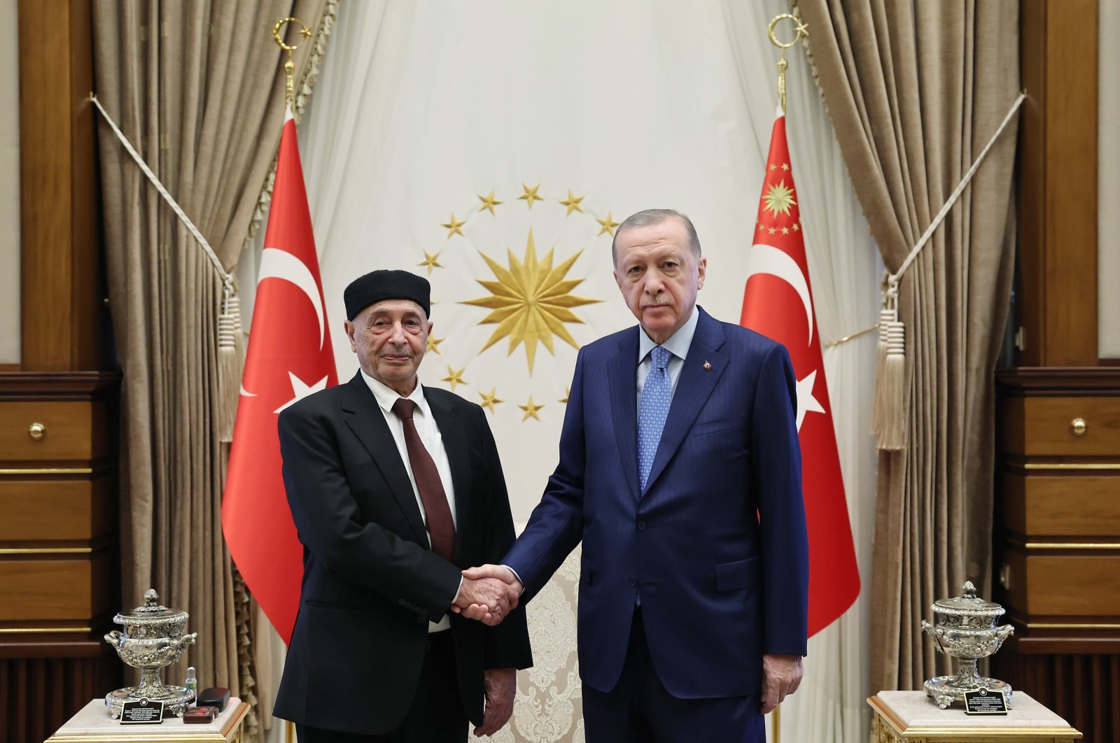 President Erdoğan shakes hands with Aguila Saleh, in the capital Ankara, Türkiye, Dec. 13, 2023. (AA Photo)