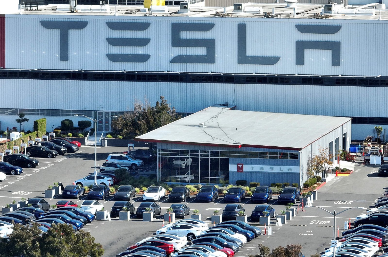 Brand new Tesla cars sit in a parking lot at the Tesla factory in Fremont, U.S., Oct. 19, 2022. (AFP Photo)