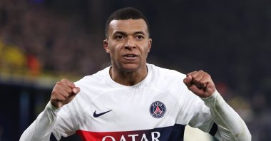 PSG’s Kylian Mbappe celebrates a goal that was later disallowed during a UEFA Champions League match against Dortmund, Dortmund, Germany, Dec. 13, 2023. (EPA Photo)