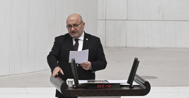 Hasan Bitmez speaks at the parliament, in the capital Ankara, Türkiye, Nov. 22, 2023. (AA Photo)