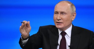 Russian President Vladimir Putin gestures during a press conference in Moscow, Russia, Dec. 14, 2023. (EPA Photo)